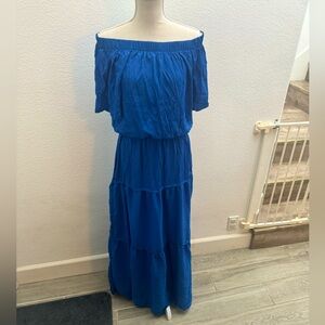 Blue off the shoulder tiered dress